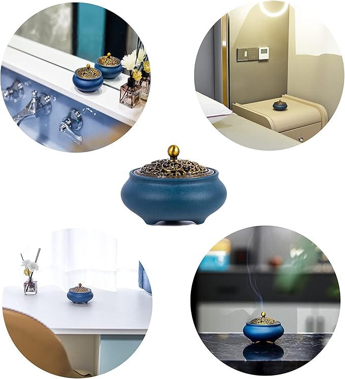 Ceramic Incense Burner Gift Set with Carved Metal Lid, Incense Holder, and Fireproof Cotton – for Stick, Cone, Coil, Sage & Frankincense – Elegant Home & Meditation Decor – Gift Boxed by SIKZU.(Blue)