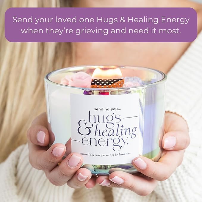 Hugs and Healing Energy Sympathy Candle. 12oz Wooden Wick Candle with Natural Soy Wax. Memorial, Grief Gift for Loss of Loved One, Get Well Soon Gift with Iridescent Glass Jar & Floral Design