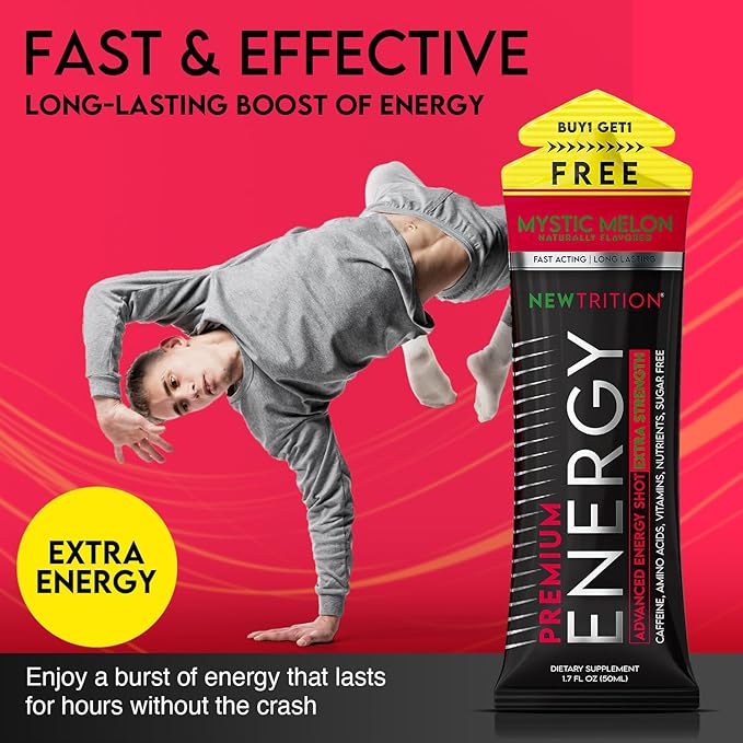 NewTrition® Extra Strength Energy Shots, 250mg Caffeine Energy Shots with Vitamin B & Amino Acids, Sugar-Free Vitamin Energy Shot, 1.7 fl oz (Pack of 24, Mystic Melon)