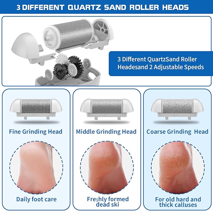 Electric Foot Callus Remover, Rechargeable Portable Electronic Foot File Pedicure Kits, Waterproof Foot Scrubber File, Professional Pedicure Tools, Foot Care for Dead Skin Ideal Gift, 3 Rollers