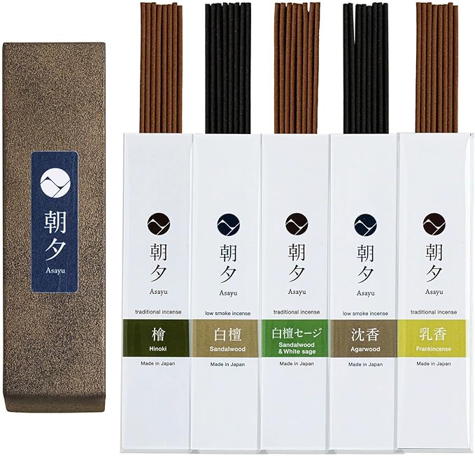 Asayu Japan Incense Sticks Assortment - 5 Natural Fragrances, 20g, 100% Made in Japan Incense Sampler Variety Pack - for Yoga, Zen Meditation & Relaxation