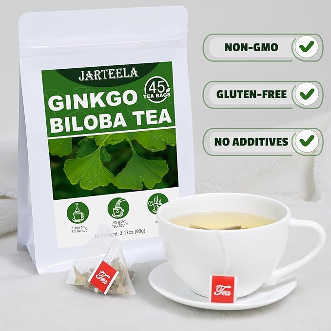 Jarteela - Ginkgo Biloba Tea Bags - 2g x 45 Count - Naturally Dried Ginkgo Biloba Leaves - Non-GMO - Caffeine-Free - Support Liver Health & Enhance Immunity
