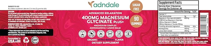 Adndale 90 CT Magnesium Glycinate Gummies 400 mg/Serv with Ashwagandha, Magnesium Malate & Taurate, Sugar Free Chews for Adults & Kids.