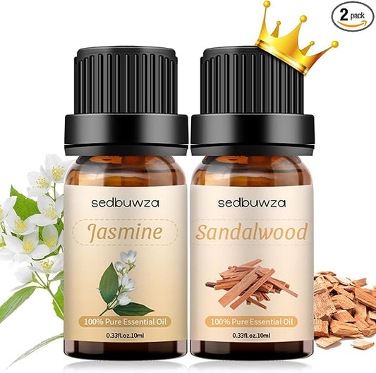 Sedbuwza Sandalwood Jasmine Essential Oil Set, Sandalwood Fragrance Oil Jasmine Scent Oil Set for Diffuser, Aromatherapy, Massage, Soap, Candle Making 2 x 10 ml