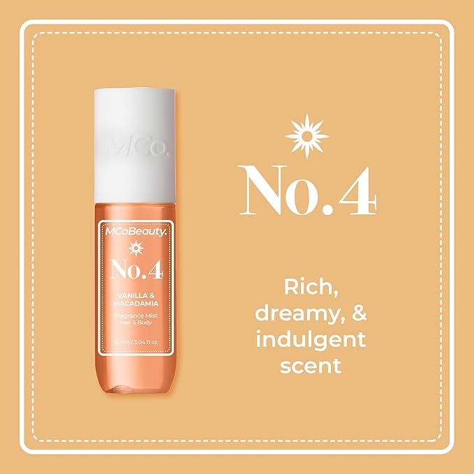 MCoBeauty - Fragrance Mist No.4 - Light Body and Hair Spray with Caramel, Macadamia, White Chocolate and Sea Salt - Gifts for Women, Cute Stuff, Feminine Spray, Self Care Gifts for Women - 90ml Bottle