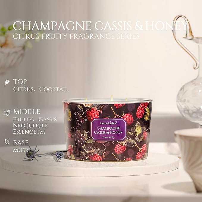 HomeLights Scented Candles for Women & Men, 18oz Candle Jars Aromatherapy 4-Wick Candle, Ideal for Eclectic Mixed Styles Home Decor and Gifts, Champagne Cassis & Honey
