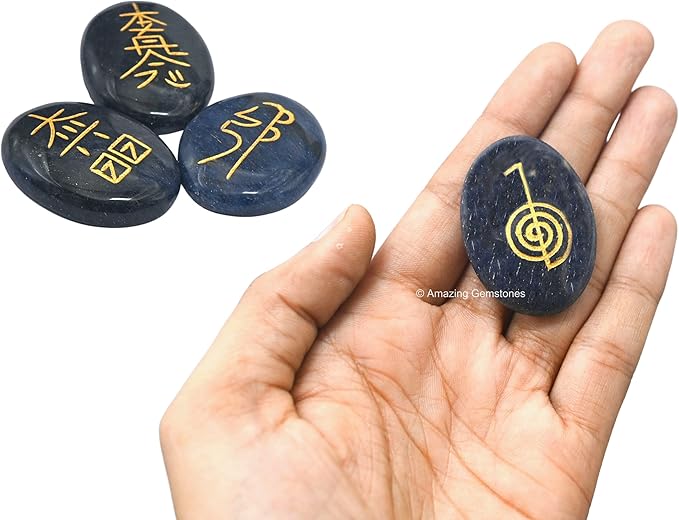 Amazing Gemstone Blue Aventurine Crystal Reiki Stones with Engraved Symbols for Usui Reiki Healing, Set of 4 Pcs (Indian Handmade Reiki Gift Set)