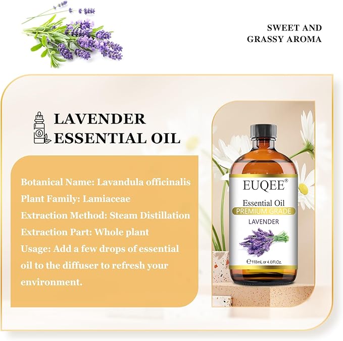 EUQEE Lavender Essential Oil 118mL Pure Lavender Oil Large Capacity Essential Oil with Glass Dropper for Diffuser, DIY Candle - 4Fl. Oz
