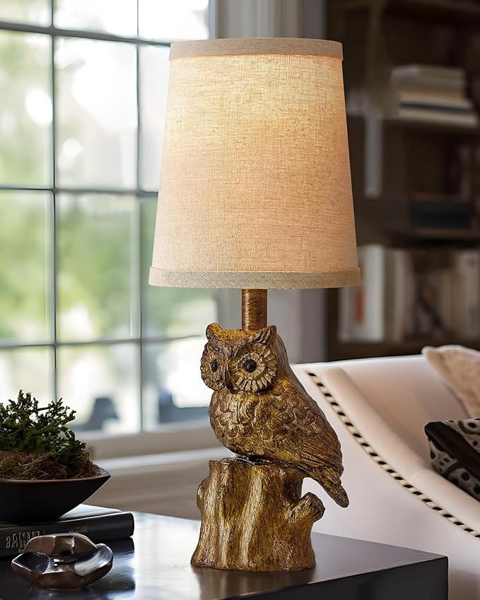 14.25" Small Table Lamp for Living Room Farmhouse Bedside Resin Single Lamp with Gold Owl Lamp Shape for Bedroom Retro Rustic Nightstand Lamp