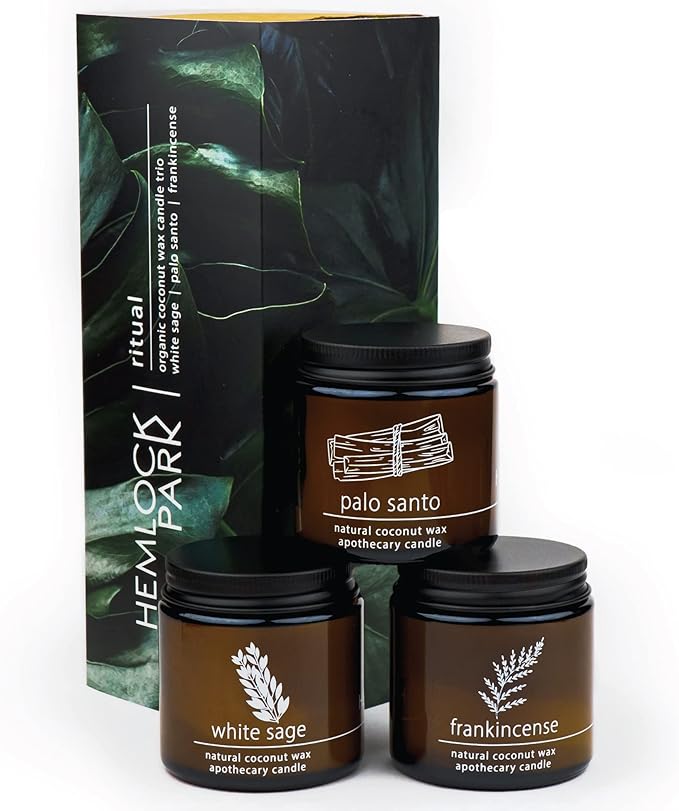 Hemlock Park Apothecary Wood Wick Candle Trio | Gift Set of Three 4 oz Candles Handcrafted with Natural Coconut Wax (Ritual | Sage, Palo Santo, Frankincense)