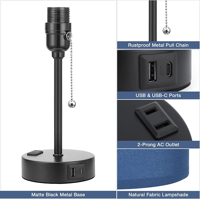 Blue Table Lamps 3 Color Temperatures - 3000K 4000K 5000K Bedside Lamps with USB C and A Ports, Pull Chain Lamps for Bedrooms with AC Outlet, Nightstand Lamps with Black Metal Base for Kids Boys