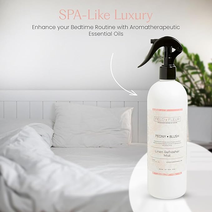 FIELD FLEUR Peony Blush Linen & Room Spray 15.5 oz - Aromatic & Refreshing Bedding & Fabric Mist - Air Freshener for Clothes & Sofas - Notes of Peony, Geranium & Ylang-Ylang - Made in USA