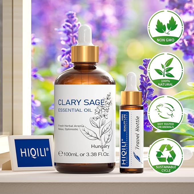 HIQILI Clary Sage Oil Essential, Herbal Sooth Aroma in Diffuse, Meditation, Calming Sleep at Bedtime, Body Massage, Moisturize Skin, DIY Deodorant Spray - 100ML