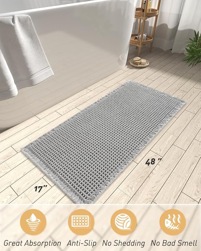 AMOAMI Upgraded Waffle Runner Rug Super Absorbent Non Slip Bath Mats for Bathroom Machine Washable Bathroom Runner Rug with Tassels, Ideal for Hallway Bedroom Laundry Room, Light Grey, 17" x 48"