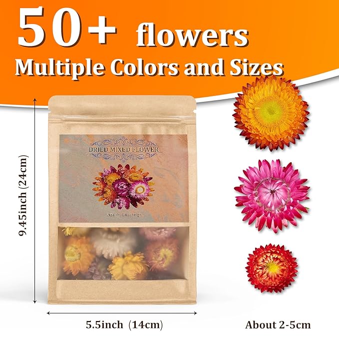 50+ Food Grade Dried Flowers for Cocktails Toppers, Colorful Strawflowers for Cake and Cupcake Decoration, 100% Natural Floral Blend for Drinks, Desserts and Tea Infusions