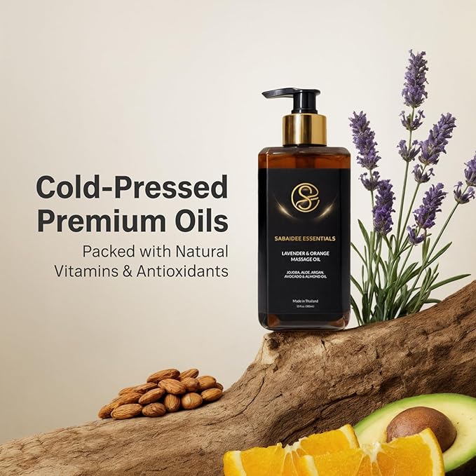 Massage Oil - Lavender Oil & Orange 10 Fl Oz - Thai Aromatherapy Oil and Massage Therapy with Jojoba, Avocado, Argan, Aloe, Almond – Relaxing Body Care & Self-Care Rituals