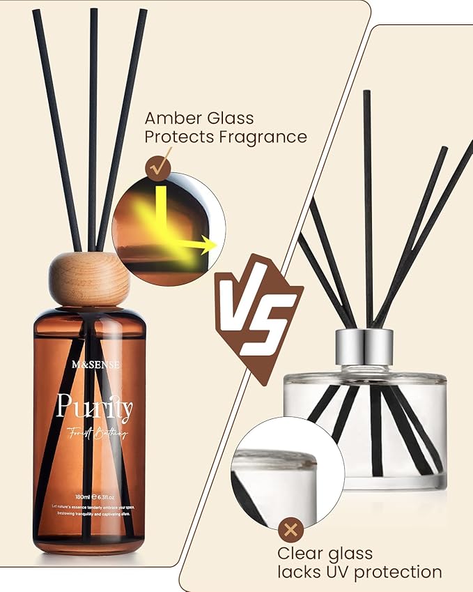 M&SENSE Amber Citrus Reed Diffuser: 6.3 fl oz Lemon & Linen Scented Aroma Set with Light & Subtle Fragrance, Non-Toxic Natural Essential Oil Gifts for Bedroom Shelf Decor Small Spaces