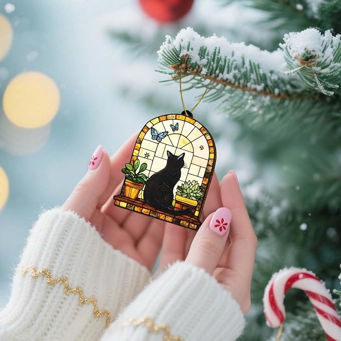 Black Cat Stained Glass Ornament, Window Scene Tree Decoration with Plants and Butterfly, Artistic Wooden Keepsake Gift for Cat Lovers, Women