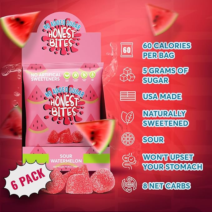 Honest Bites Sour Watermelon Candy - No Added Sugar, Gluten Free, Vegan, Dye Free, Healthy Snacks for Kids & Adults, Keto Snacks, Low Calorie, 6-Pack