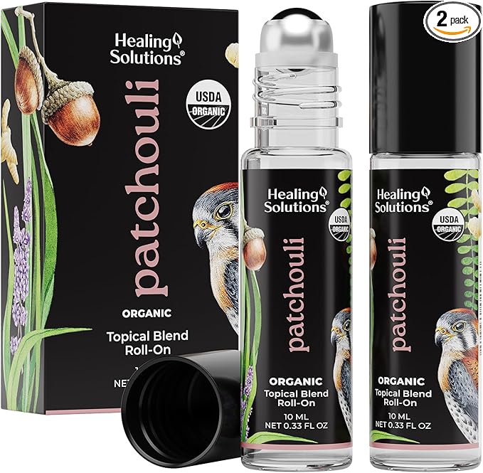 Healing Solutions (2 Pack) USDA Certified Organic Patchouli Essential Oil Roll On Set, Patchouli Body & Skin Roller Perfume for Adults