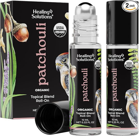 Healing Solutions (2 Pack) USDA Certified Organic Patchouli Essential Oil Roll On Set, Patchouli Body & Skin Roller Perfume for Adults