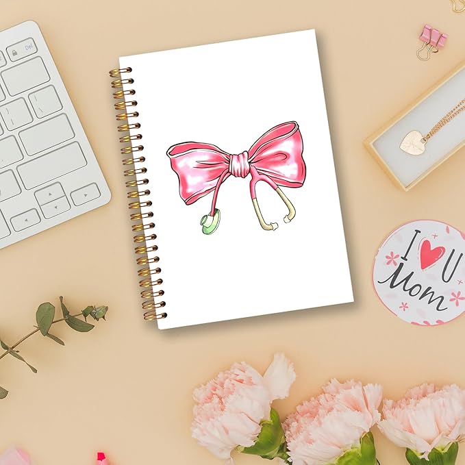 Coquette Pink Bow Nurse Spiral Notebooks, Nurse Appreciation Week Day Gifts Journal, Nursing Supplies for Nurses, Preppy Bow Stethoscope Notebook for Note Taking, 5.5x8.3 Inch