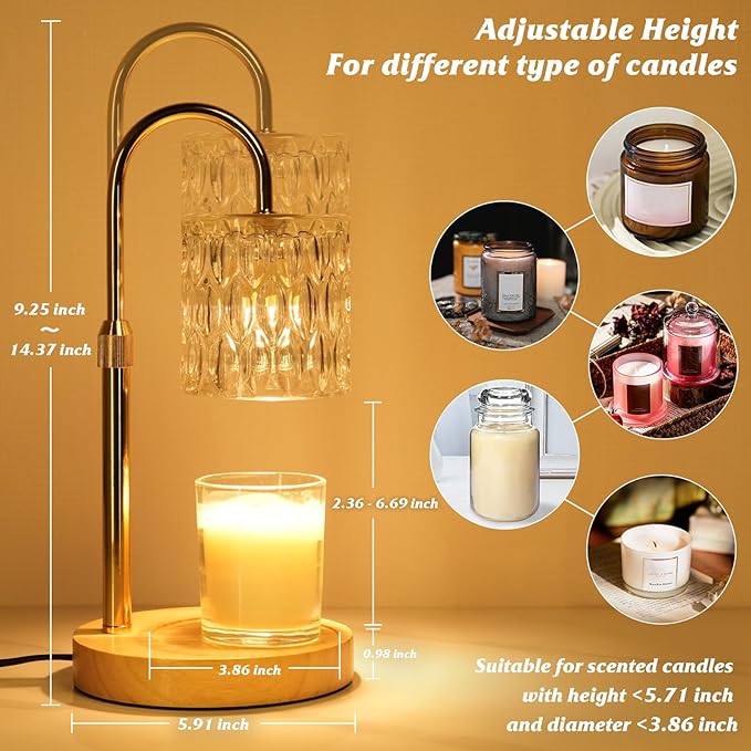 Candle Warmer Lamp with Timer and Dimmable, Electric Wax Melt Candle Warmers Height Adjustable with 2 Bulbs, Birthday Gifts for Women House Warming, Home Decor for Scented Jar Candles(Clear)