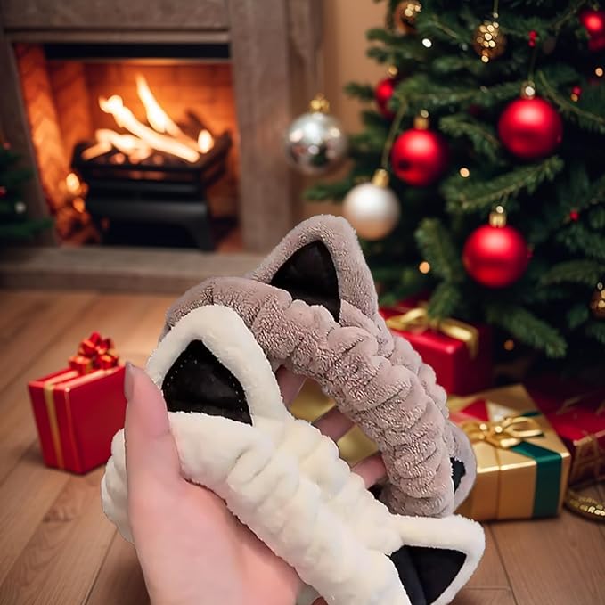 2 Pcs Cat Ears Headband, Cute Spa Headbands for Washing Face Skincare Makeup Headbands for Women Girls Trendy Stuff Present Soft Coral Fleece Hair Accessories(Beige Khaki)