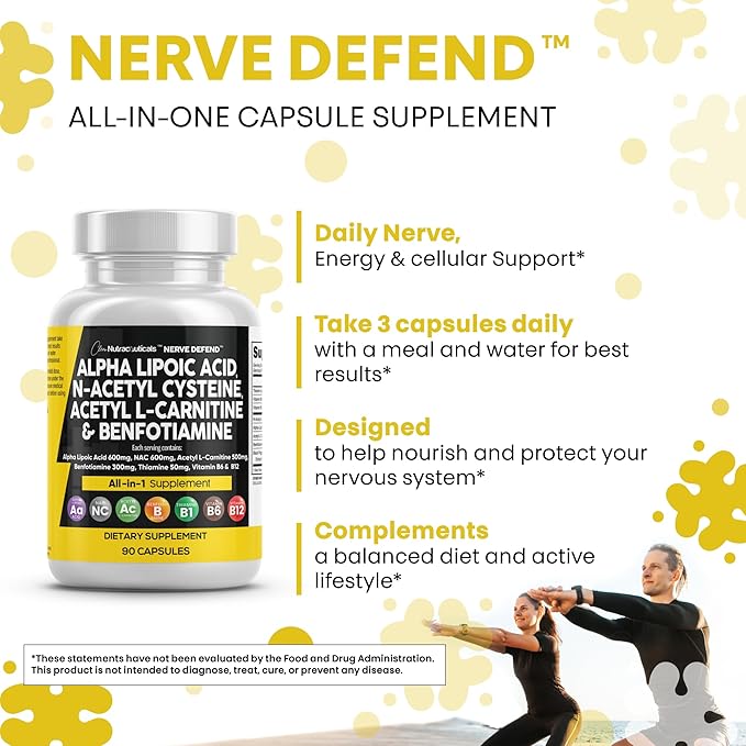 Alpha Lipoic Acid 600mg N-Acetyl Cysteine 600mg Acetyl L-Carnitine 500mg Benfotiamine 300mg - Nerve Support Supplement for Women and Men with Vitamin B1 B6 & B12 - Made in USA 90 Caps