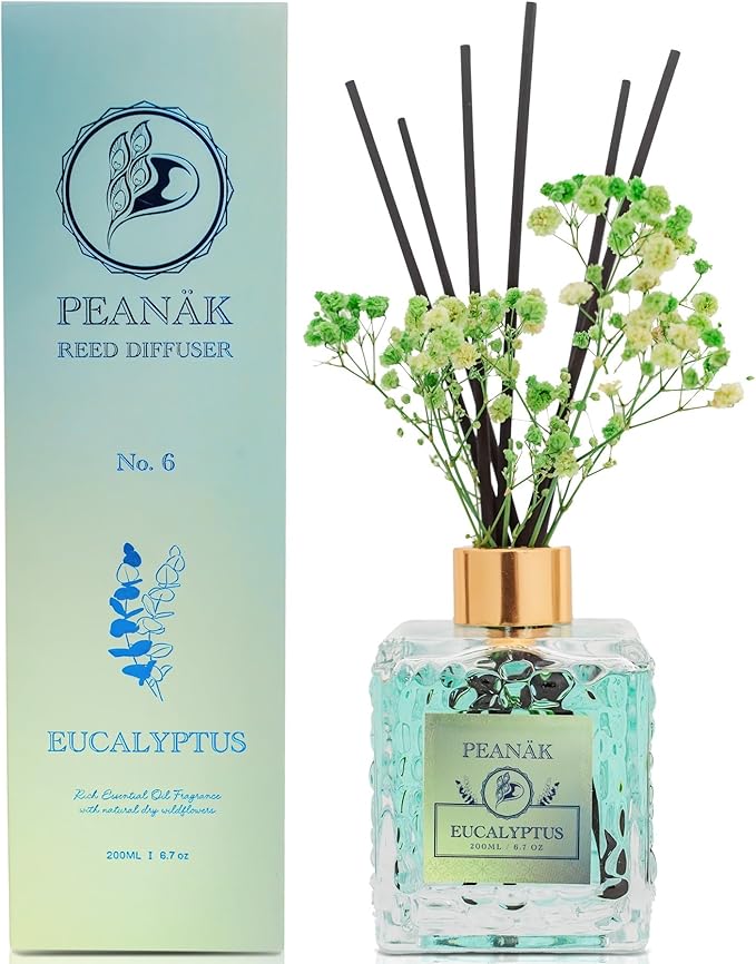 Reed Diffuser Set - Eucalyptus Mint Oil, Oil Diffuser Sticks, Bathroom Diffuser, Bathroom Decor, 200ml with Preserved Flowers - PEANÄK