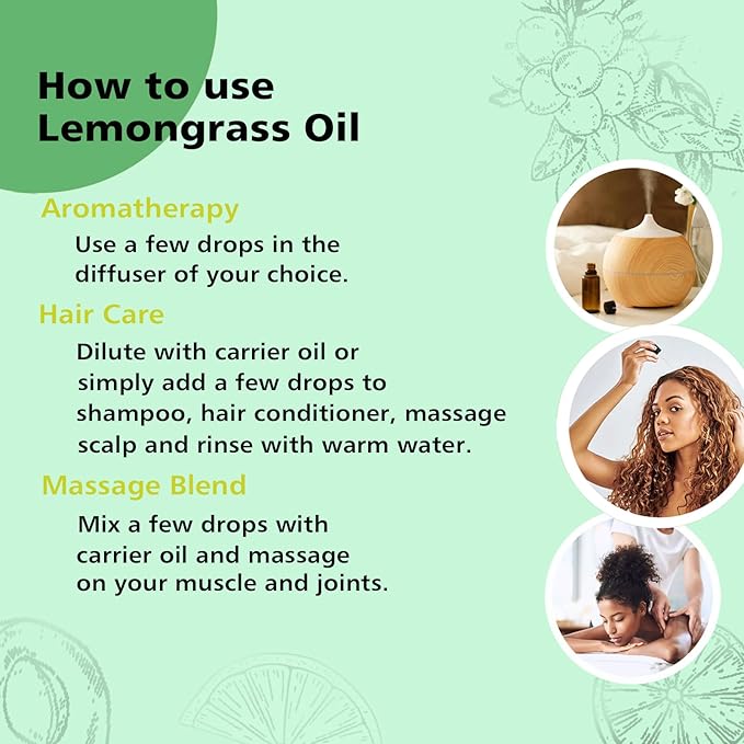 Lemongrass Essential Oil 1 Oz – 100% Pure Natural Lemongrass Oil for Diffuser, Skin, Body, Spray, Massage & DIY, Fresh Citrus Aroma