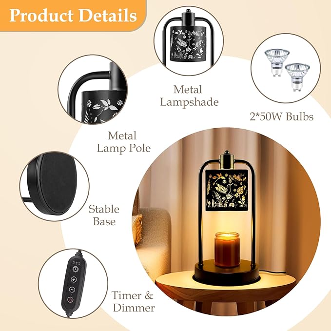Candle Warmer Lamp Electric with Timer: Wax Melts Warmer - Dimmable Candle Warmer with Replacement Bulbs, Bedroom Home Decor Compatible with Various Candles (Black-Hummingbird)