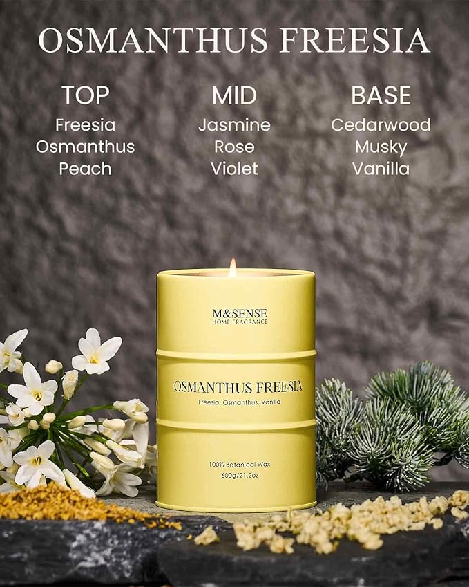 M&SENSE Osmanthus Freesia Scented Candles Large, Natural Soy Candles 21.2oz 120 Hour Slow Burning,Aromatherapy Candle for Stress Relief Meditation Relaxing