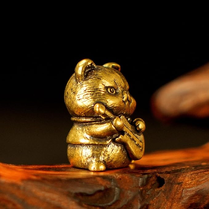 Fierce Rocker Cat Brass Statue - 100% Solid Handcast Guitar Player Sculpture, Vintage Music Lover Gift for Desk, Unique Collectible Animal Art, Handmade Heavy Metal Decor for Musicians & Cat Lovers