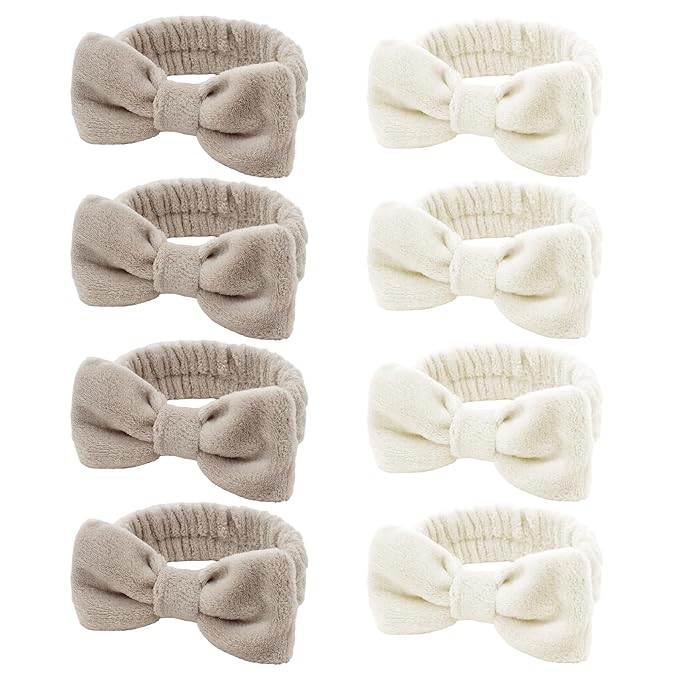 8 Pack Beige SKincare Headband for Washing Face,Spa Headbands for Women Girls Cute Bow Headbands for Makeup Face Wash Hair bands Slumber Party Supplies
