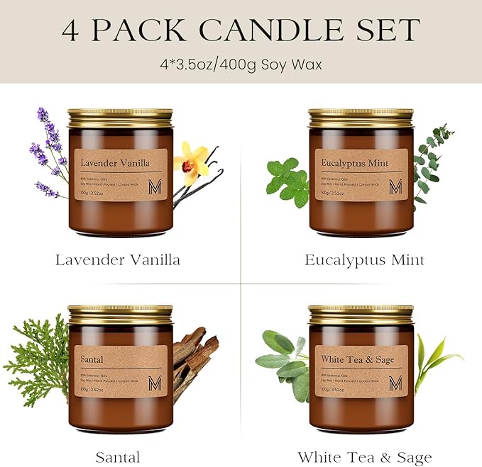 4 Pack Candles for Home Scented Aromatherapy Candle Gift Set for Women Soy Wax Long Lasting Amber Jar Candles Gift for Birthday Housewarming Mother's Valentine Day
