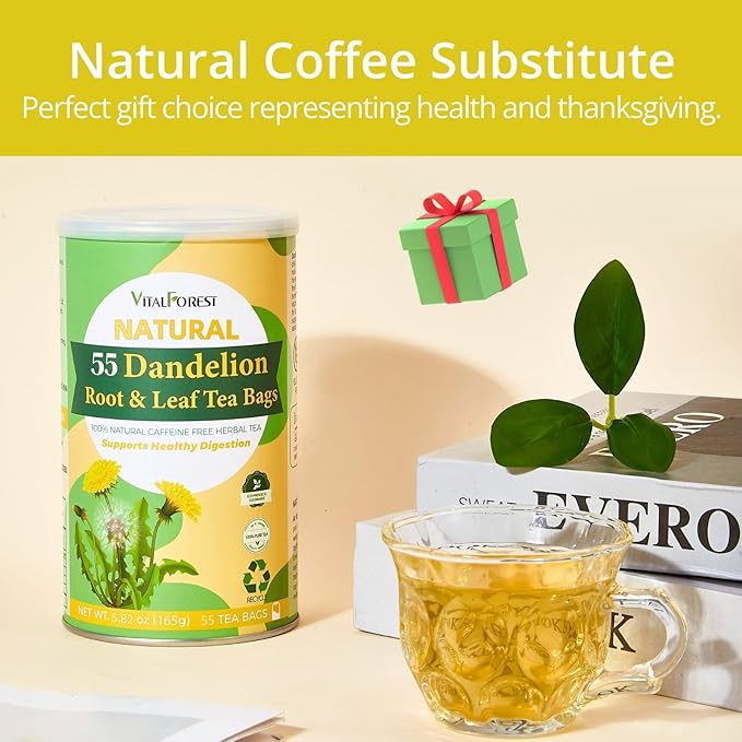 55 Dandelion Tea Bags, 3g/Bags 5.82oz, VitalForest Natural Dandelion Leaf and Root Tea, Dried Dandelion Root Tea Leaves, Caffeine Free, Health Herb Diente De Leon, Eco-Conscious Corn Fiber Tea Bags