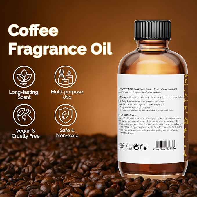 Coffee Fragrance Oil 2 Oz, Natural Scent Oil for Home Essential Oils Diffuser, Candle Making, Soap Making, DIY Body Oils, Perfume, Body Mist, Spray - Roasted Coffee Bean Scent