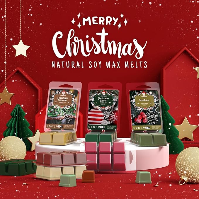 ARVIDSSON Christmas Scented Wax Melts, Holiday Soy Wax Cubes for Wax Warmer, Strong Scent Fragrance Wax Tarts, Candle Melts Gift Set, Christmas Spirit, Gingerbread, Apple Cinnamon, Candy Cane and More