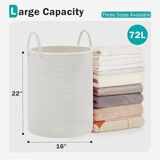 Cotton Rope Laundry Hamper by YOUDENOVA, 72L - Woven Collapsible Laundry Basket - Clothes Storage Basket for Blankets, Laundry Room Organizing, Bedroom Storage, Clothes Hamper – White