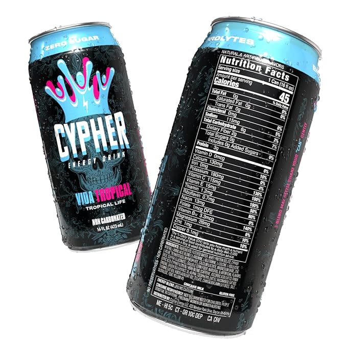 Cypher Sugar Free Energy Drink, Tropical Life – Non-Carbonated & Low Calorie Juice Energy Drink for Lasting Stamina & Focus with 260mg Caffeine, 3g Whey Protein, & 5 Amino Acids (12) 16oz Cans