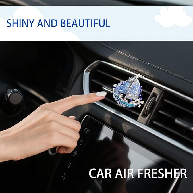Coastal Car Decor,Sailboat Car Air Vent Freshener Clips,Crystal Blue Nautical Diffuser Charm for Women Sailor Seaman,Glitter Ocean Wave Decoration Gift