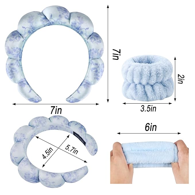 Zkptops Spa Headband for Washing Face Wristband Set Flower Sponge Makeup Skincare Velvet Fabric Bubble Soft Get Ready Hairband for Women Puffy Headwear Non Slip Thick Thin Hair Accessory(Blue Flowers)