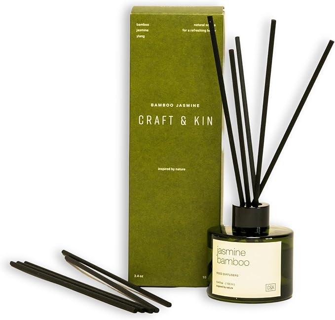 Craft & Kin Bamboo & Jasmine Reed Diffuser | All Natural Essential Oil & Rattan Scent Sticks | Fall Reed Diffusers for Home, Bathroom | Long Lasting Home Fragrance in Green Glass, 3.4oz