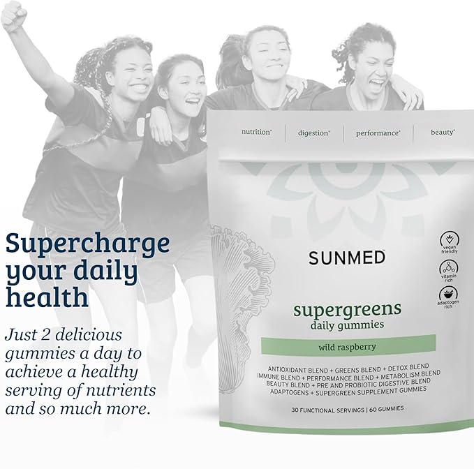 SUNMED Supergreens Daily Gummies – Wellness Blend with Ashwagandha, Green Tea, Spirulina, Probiotics, Antioxidants & Detox Support for Immunity, Gut, Skin & Brain Health | Wild Raspberry, 60ct