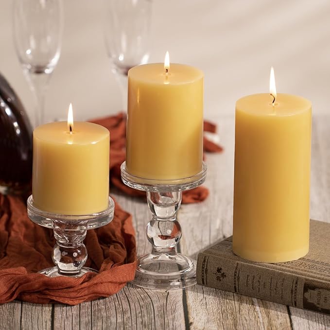 KONNI Mustard Yellow Pillar Candles Set of 3, 3"x 3" Unscented Pillar Candles Bulk, 30 Hours Long Burning Candles, Smokeless&Dripless Large Round Candle for Wedding, Home Decoration, Parties