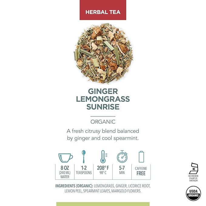 Teabloom Organic Herbal Tea, Ginger Lemongrass Sunrise Loose Leaf Tea, Sweet and Soothing, Fresh Whole Leaf Blend in Reusable Gift Canister, 2.82 oz/80 g Canister Makes 35-50 Cups