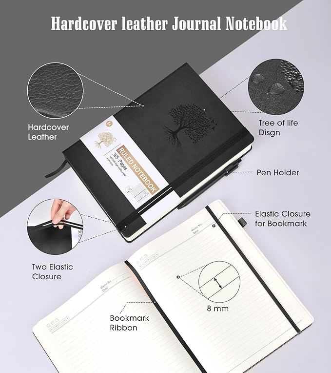 Lined Journal Notebook, 365 Pages A4 Large Journals for Writing Ruled Notebook, Hardcover Leather Journal for Women Men, Daily Notebook for Work, Note Taking, 100Gsm Thick Paper (8.5" x 11" Blcak)