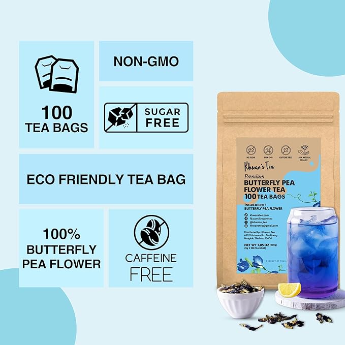 KHWAN'S TEA Butterfly Pea Flower Tea - Premium Herbal Tea Butterfly Pea Flower For Blue & Purple Natural Food Coloring, No Caffeine Tea, Sourced From Thailand