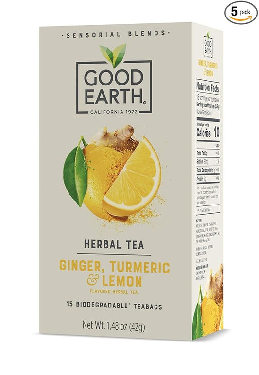 Good Earth Sensorial Blend Flavored Herbal Tea Ginger, Turmeric and Lemon, No Artificial Color, No Preservatives, 15 Bag (Pack of 5)